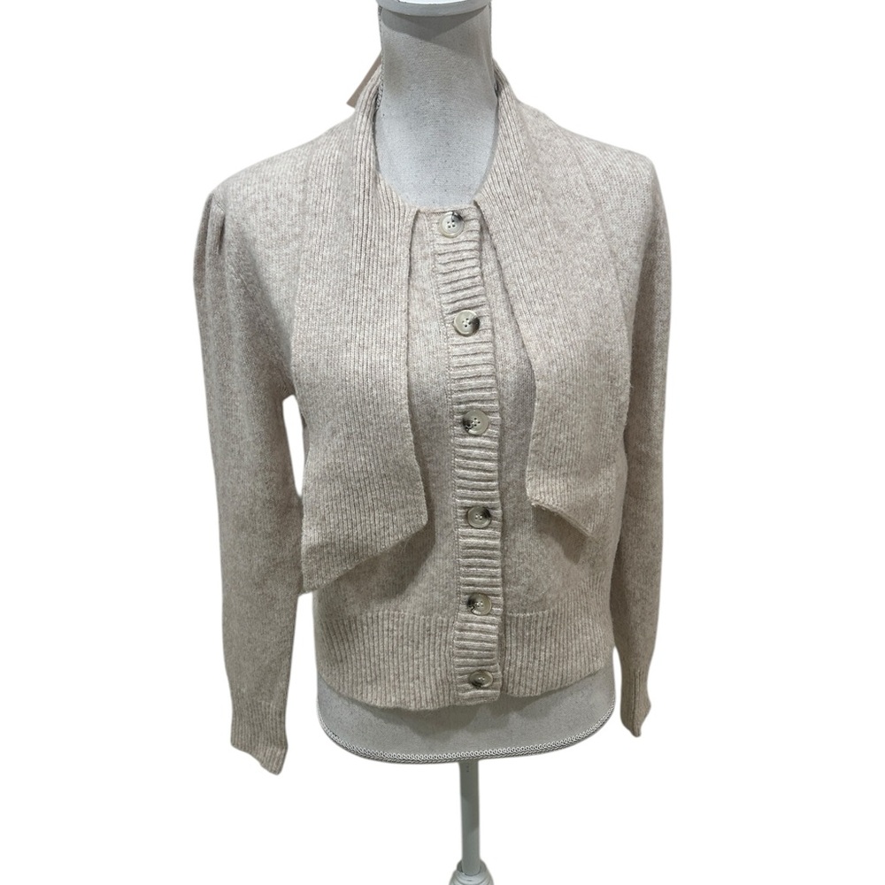 NWT FRNCH Paris perline creme knit button wool Cardigan Scarf puff sleeve medium - Picture 4 of 11